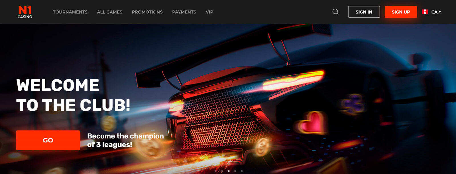 N1 Casino main page screenshot. Invite message: Welcome to the club! .Sports car accelerates in the night on background